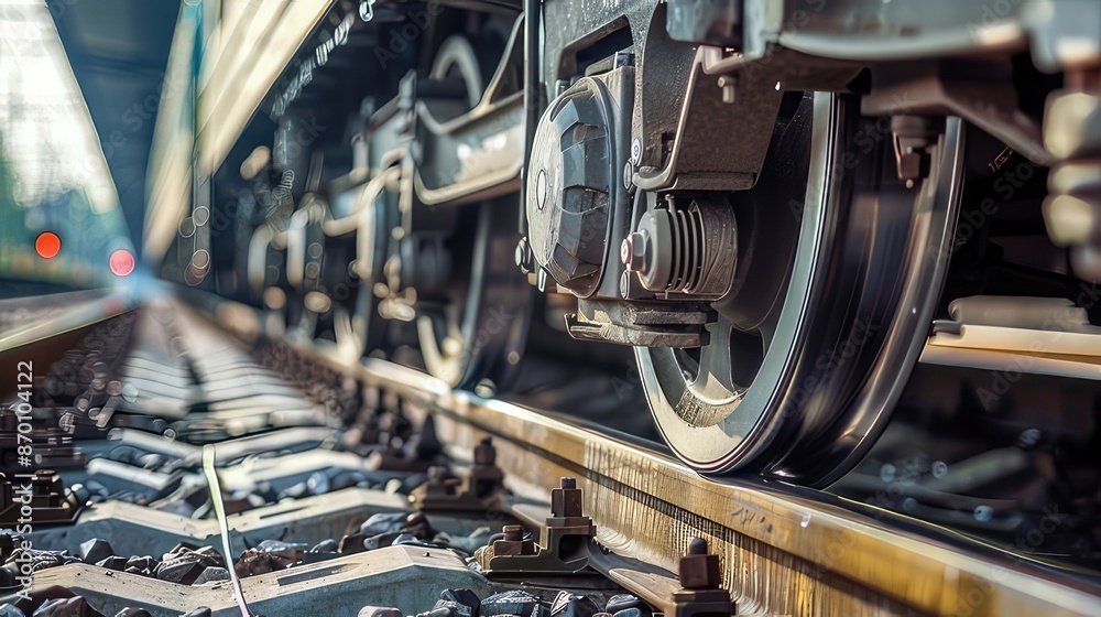 Close up of steel train wheels on railroad tracks. Concept of travel, transportation, industry, logistics, and railway infrastructure. Close up of steel train wheels on railroad tracks. Concept of travel, transportation, industry, logistics, and railway infrastructure.
