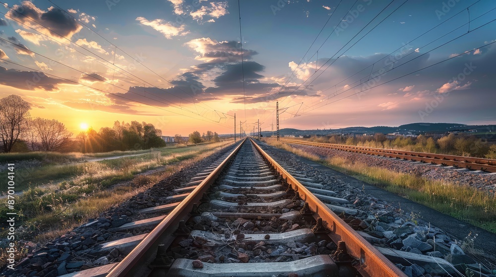 Fototapeta premium Scenic Railway Tracks Leading Towards a Beautiful Sunset. Tranquil Landscape with Dramatic Sky