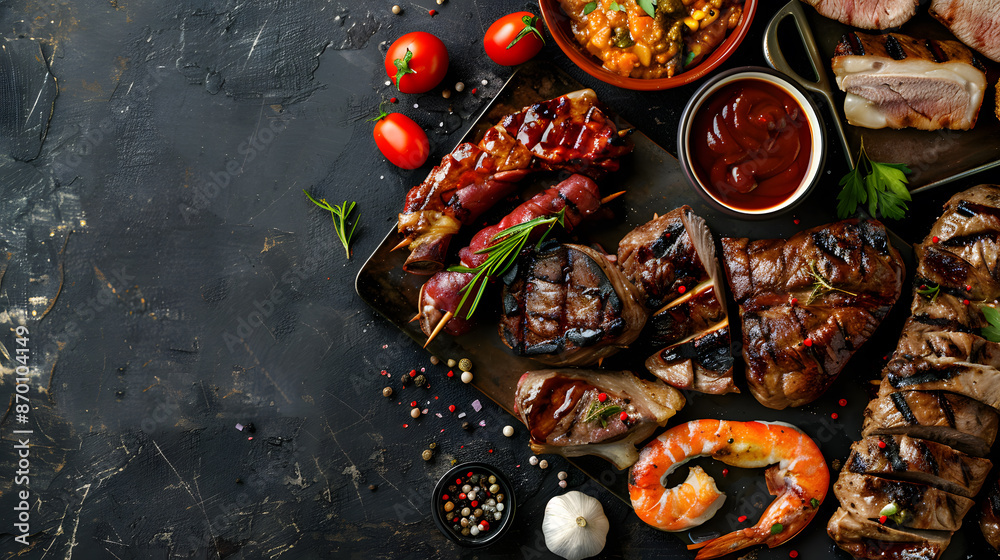 Assorted fresh ingredients and dishes arranged on dark slate background