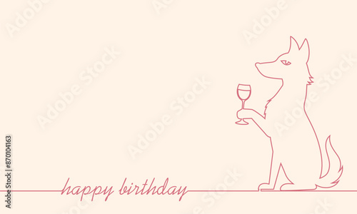 Cool dog cheering a toast with cocktail drink. Thin line style Happy Birthday greeting card. Party or festive event. Monochrome background.