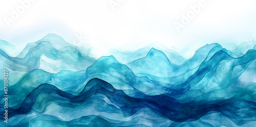 Abstract blue and teal watercolor background with wavy lines, isolated on white background, banner design.