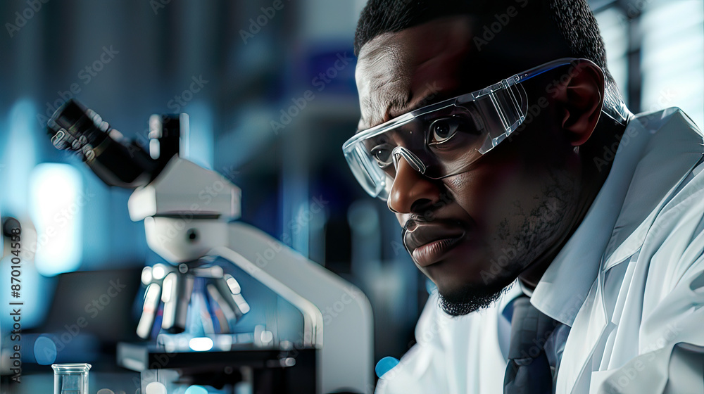 Close-up of African-American scientist in modern lab focused on microelectronics and processor research detailed view of high-tech equipment ultra-realistic detail Close-up of African-American scientist in modern lab focused on microelectronics and processor research detailed view of high-tech equipment ultra-realistic detail