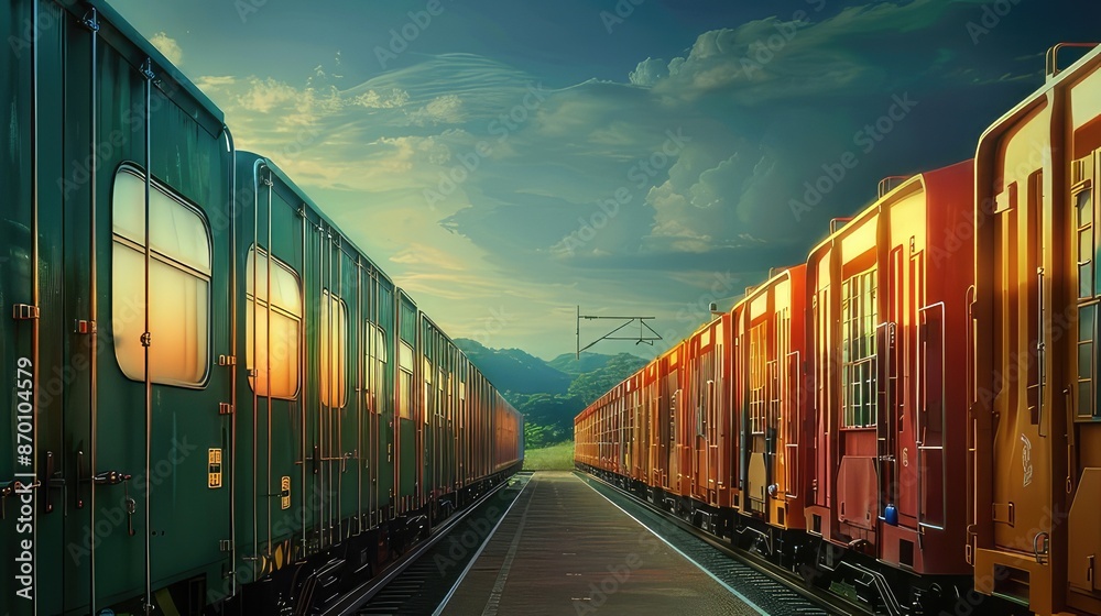 Obraz premium Red and Green Train Cars on Tracks at Sunset. Journey, Travel, and Transportation Concept