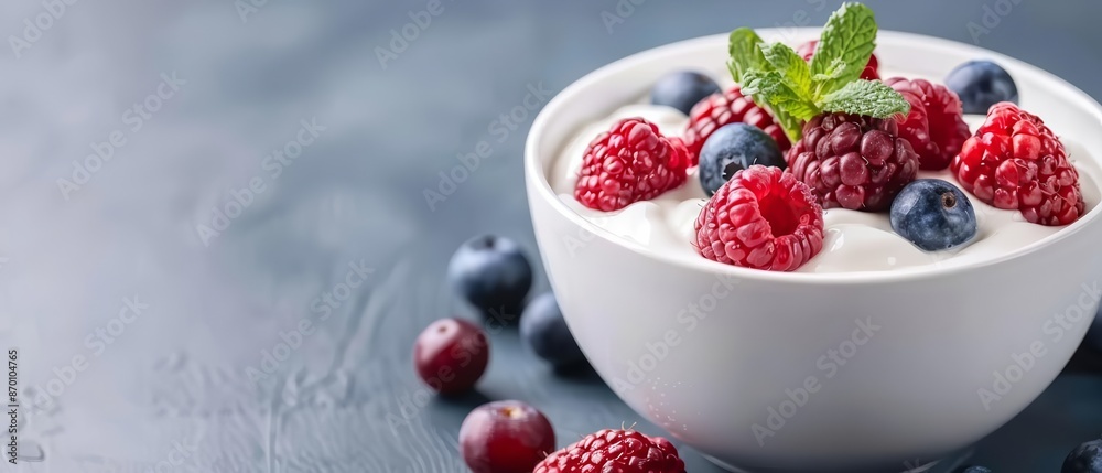 Delicious bowl of yogurt topped with fresh raspberries, blueberries, and mint leaves on a gray background. Healthy and nutritious breakfast. Delicious bowl of yogurt topped with fresh raspberries, blueberries, and mint leaves on a gray background. Healthy and nutritious breakfast.