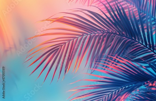 Closeup of Palm Tree Fronds Against Blue and Pink Gradient Background