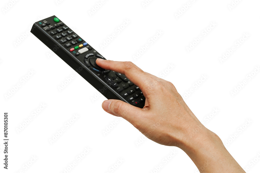 Asian woman use finger of left hand to press button on television remote control isolated on white background with clipping path. Asian woman use finger of left hand to press button on television remote control isolated on white background with clipping path.