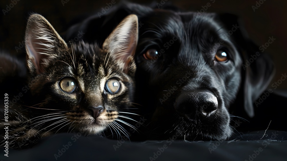 dark muzzle labrador dog and cat Scottish. dark muzzle labrador dog and cat Scottish.