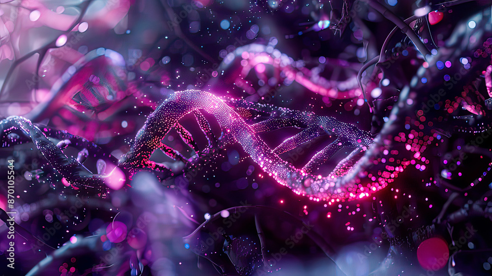 Detailed 3D rendering of abstract DNA technology science medical concept futuristic background with advanced digital elements Detailed 3D rendering of abstract DNA technology science medical concept futuristic background with advanced digital elements