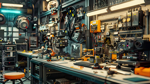 Detailed view of an electronic technician in a modern repair shop focused on technical repairs high-tech equipment and tools 