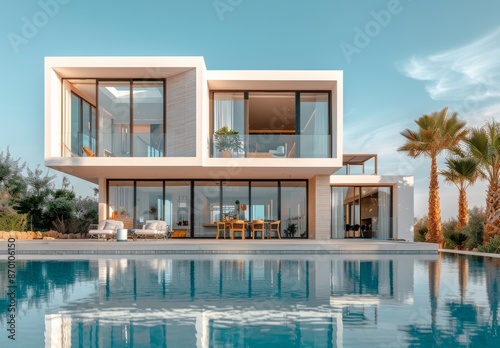 Modern Two-Story Home With Swimming Pool and Lush Greenery on a Sunny Day