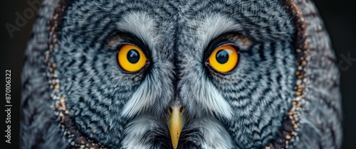 Close-Up Portrait of a Gray Owl With Bright Yellow Eyes