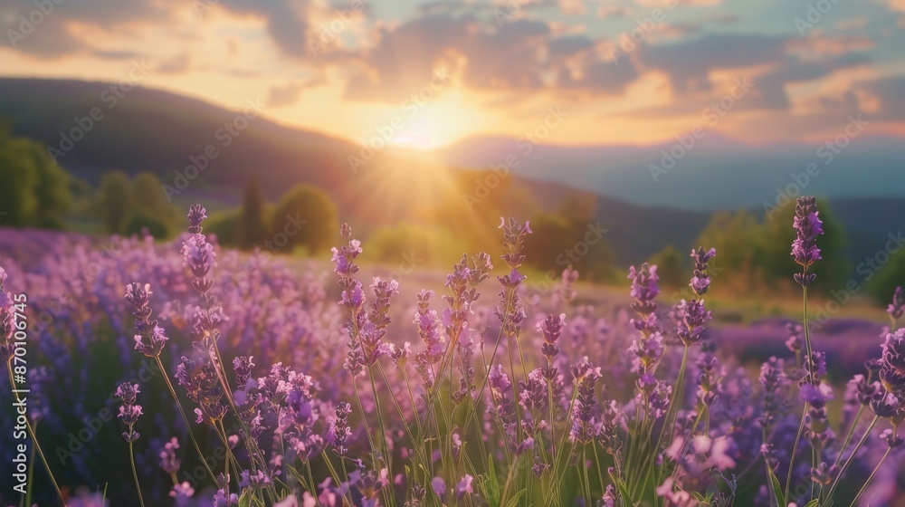 Naklejka premium Spring Background with a Charming and Fragrant Lavender Flower Field 