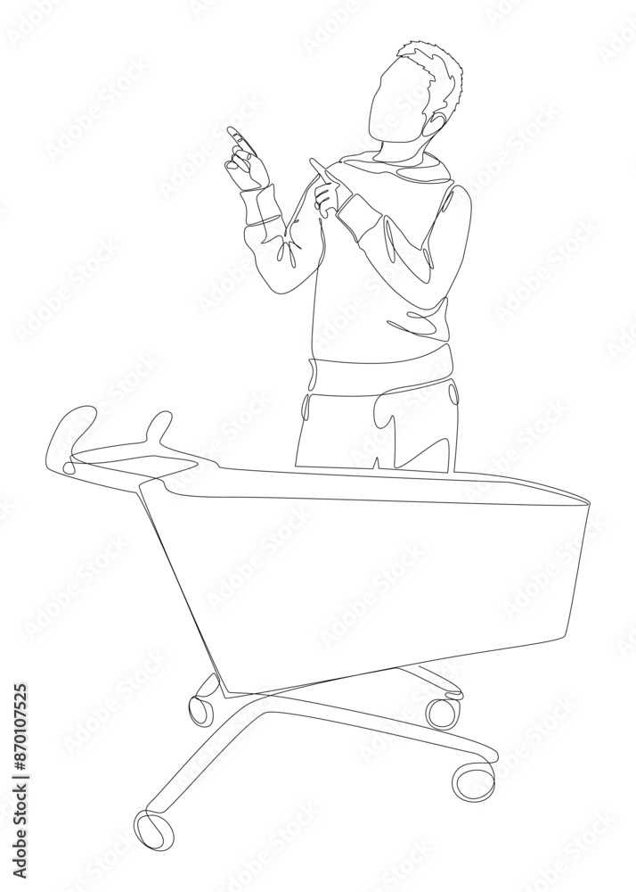 One continuous line of Man pointing with finger and Shopping Cart. Thin Line Illustration vector concept. Contour Drawing Creative ideas. One continuous line of Man pointing with finger and Shopping Cart. Thin Line Illustration vector concept. Contour Drawing Creative ideas.