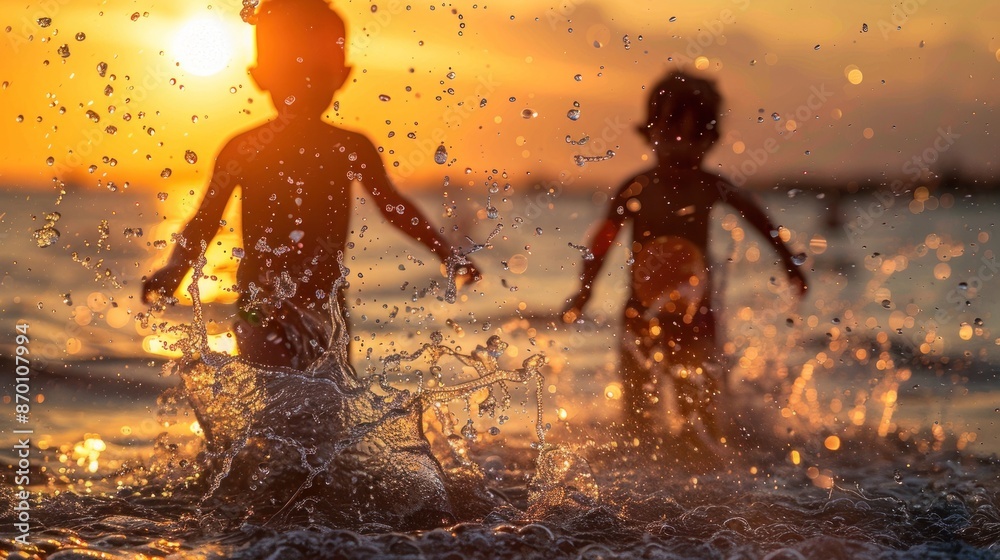 Close-up of children playing and splashing in the water at the beach with the warm golden light of sunset enhancing the scene The kids are captured mid-splash with water droplets suspended in the air Close-up of children playing and splashing in the water at the beach with the warm golden light of sunset enhancing the scene The kids are captured mid-splash with water droplets suspended in the air