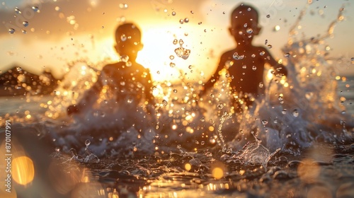Close-up of children playing and splashing in the water at the beach with the warm golden light of sunset enhancing the scene The kids are captured mid-splash with water droplets suspended in the air