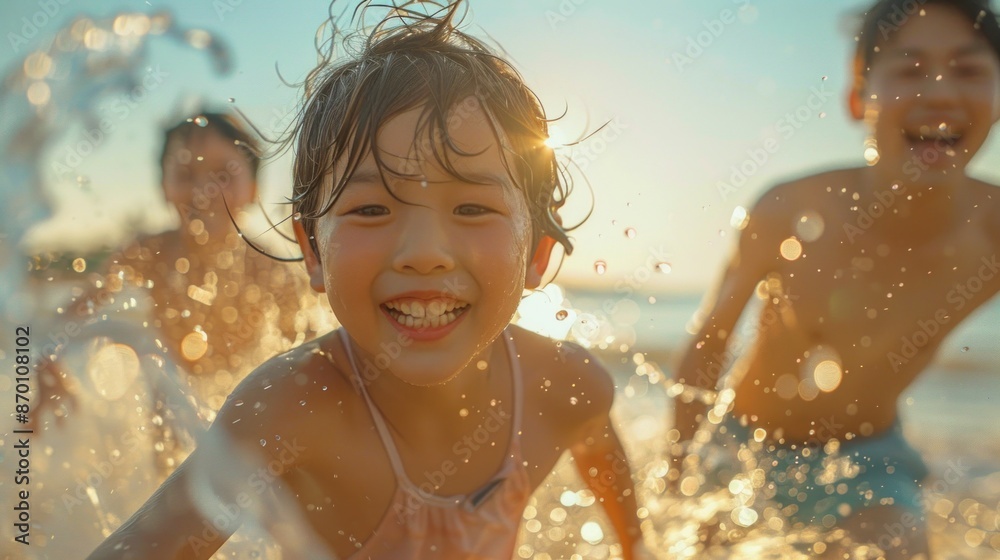 A close-up of a vibrant family moment at the sea beach, featuring two kids and their parents running through a water splash. The children's ecstatic expressions and the parents' beaming smiles create A close-up of a vibrant family moment at the sea beach, featuring two kids and their parents running through a water splash. The children's ecstatic expressions and the parents' beaming smiles create
