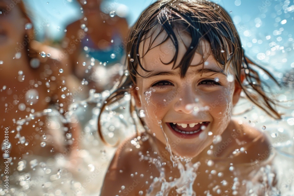 Delightful close-up of two kids and their parents running through a water splash on a sea beach. The children's laughter and excitement are contagious, as they playfully splash through the water. The Delightful close-up of two kids and their parents running through a water splash on a sea beach. The children's laughter and excitement are contagious, as they playfully splash through the water. The