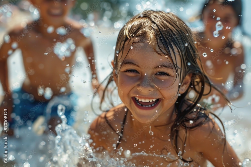 Delightful close-up of two kids and their parents running through a water splash on a sea beach. The children's laughter and excitement are contagious, as they playfully splash through the water. The Delightful close-up of two kids and their parents running through a water splash on a sea beach. The children's laughter and excitement are contagious, as they playfully splash through the water. The