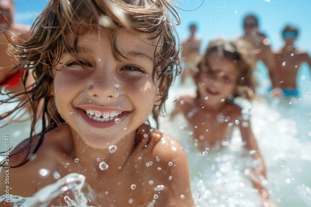 A delightful close-up of a family having fun at the sea beach, showing two kids and their parents running through a water splash. The children's joyful faces and the parents' happy smiles are the A delightful close-up of a family having fun at the sea beach, showing two kids and their parents running through a water splash. The children's joyful faces and the parents' happy smiles are the