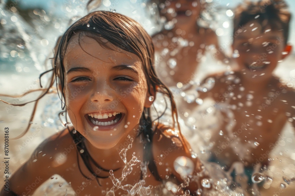 Close-up of a heartwarming family moment at the sea beach, with two kids and their parents running through a playful water splash. The children's excited expressions and the parents' joyful smiles Close-up of a heartwarming family moment at the sea beach, with two kids and their parents running through a playful water splash. The children's excited expressions and the parents' joyful smiles