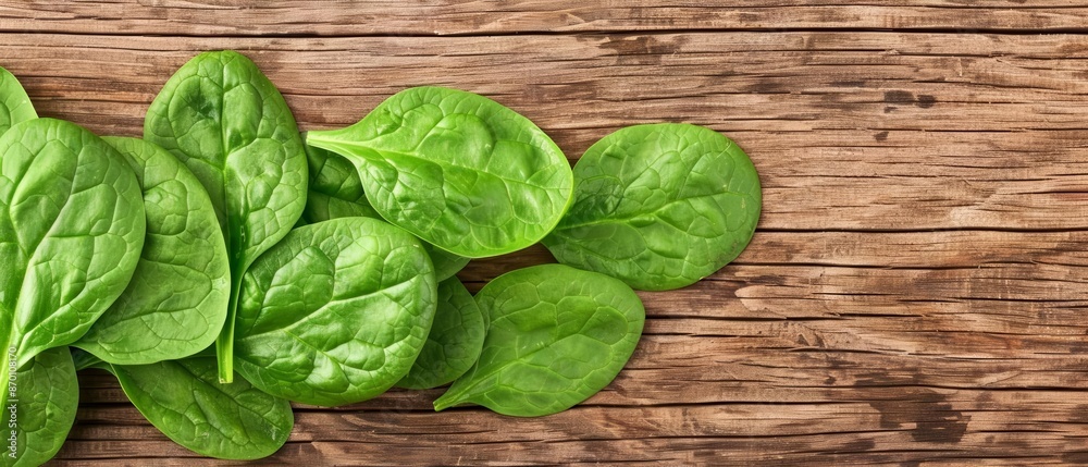 Fresh green spinach leaves on rustic wooden background. Perfect for healthy eating, cooking, and nutrition themes. Fresh green spinach leaves on rustic wooden background. Perfect for healthy eating, cooking, and nutrition themes.