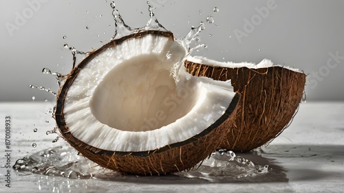 Coconut Drink with Fresh Herbs in Wooden Bowl photo