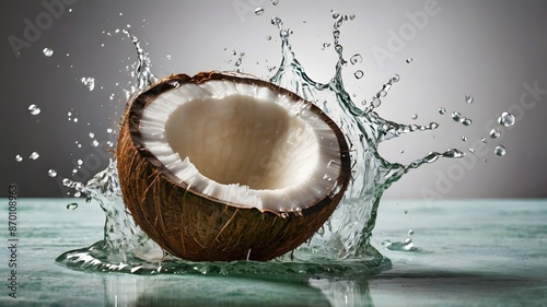 Coconut Drink with Fresh Herbs in Wooden Bowl photo