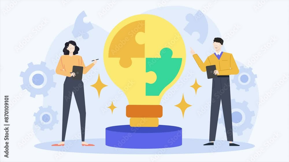 huge lightbulb puzzle with man and woman character business animated illustration video huge lightbulb puzzle with man and woman character business animated illustration video