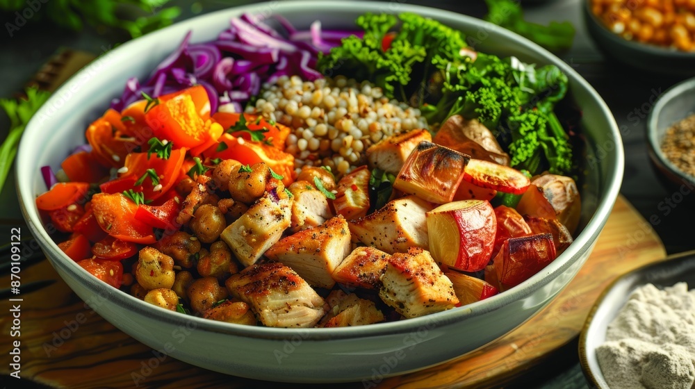 A vibrant Buddha bowl filled with roasted vegetables saut ed chicken and a generous serving of buckwheat groats providing a glutenfree and proteinrich meal option. A vibrant Buddha bowl filled with roasted vegetables saut ed chicken and a generous serving of buckwheat groats providing a glutenfree and proteinrich meal option.