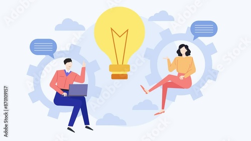 business teamwork discussion with lightbulb isolated on white background animated illustration video