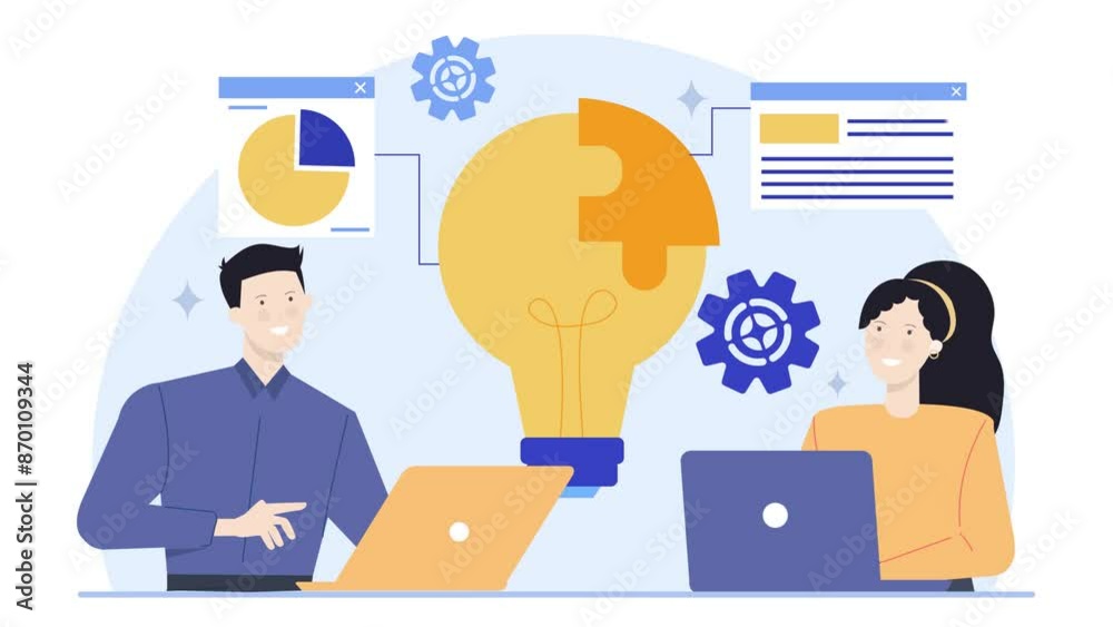 teamwork using laptop with business data and lightbulb business animated illustration video teamwork using laptop with business data and lightbulb business animated illustration video