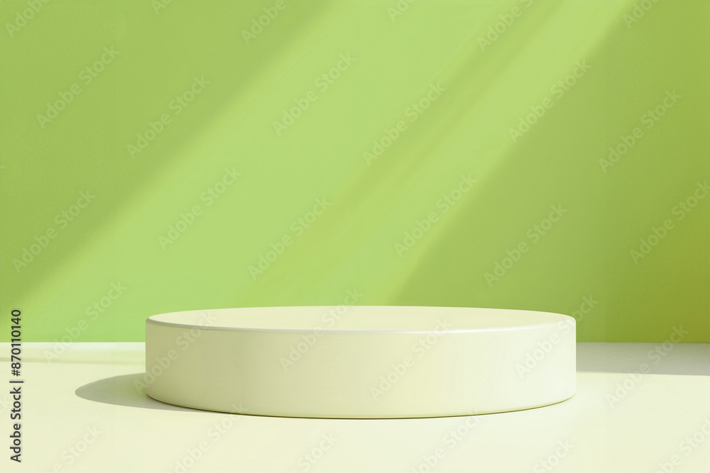 Blank white round podium on green with sunlight background for poster banner template mockup design Blank white round podium on green with sunlight background for poster banner template mockup design