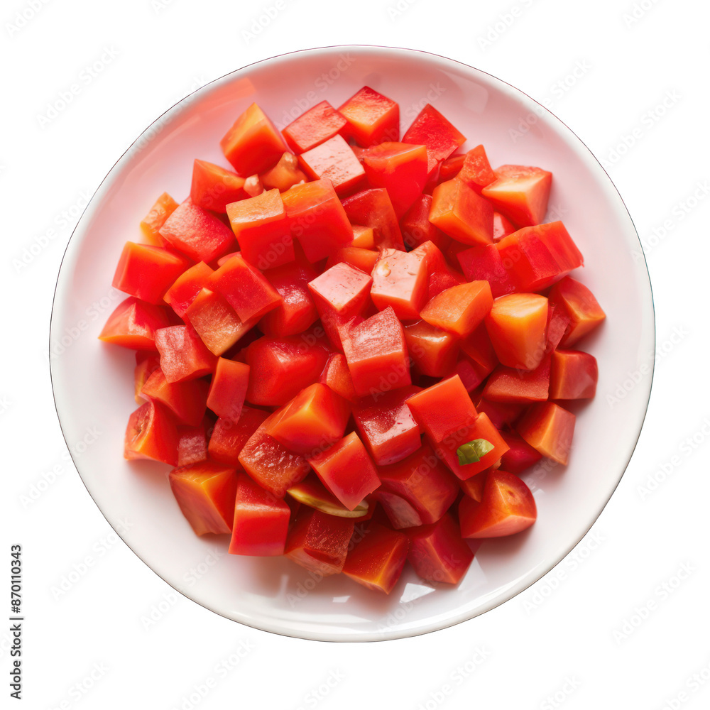 Chopped tomatoes cubes on white plate isolated on transparent background Chopped tomatoes cubes on white plate isolated on transparent background