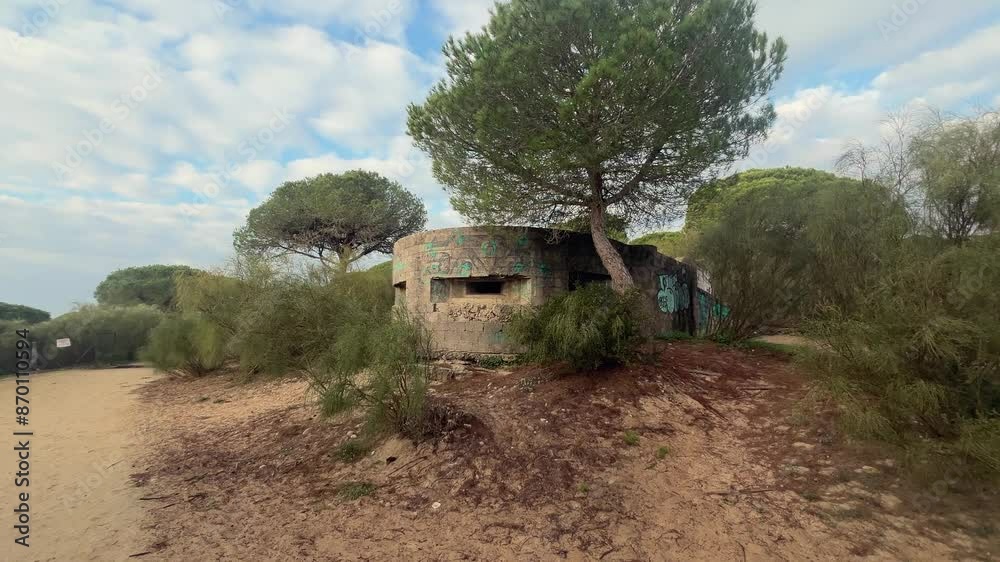 A concrete machine gun bunker, a relic of wartime history, stands near the Spanish coastline, embodying resilience and historical significance through the ages. A concrete machine gun bunker, a relic of wartime history, stands near the Spanish coastline, embodying resilience and historical significance through the ages.