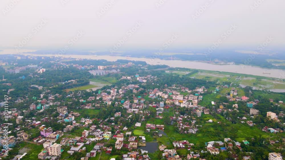 Panorama Of Urban Landscape At Kirtankhola Rivershore In Barisal, Bangladesh. Aerial Shot Panorama Of Urban Landscape At Kirtankhola Rivershore In Barisal, Bangladesh. Aerial Shot
