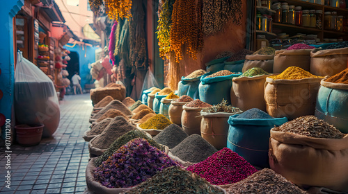 Fototapeta Naklejka Na Ścianę i Meble -  Colorful spices and dried herbs in the narrow streets of Marrakech, front view. vibrant colors wide view.

