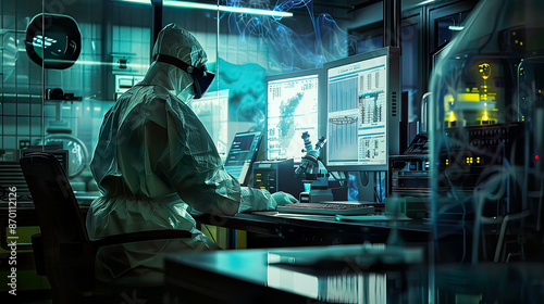 Research lab with scientist in protective clothing over the shoulder perspective using computer modern manufactory semiconductors pharmaceuticals cinematic lighting 