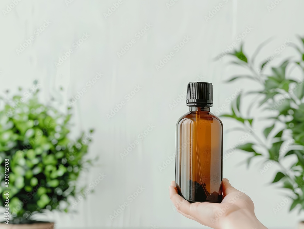 Hand holding amber glass bottle with black lid, plants blurred in background. Minimalist, natural, eco-friendly packaging. Hand holding amber glass bottle with black lid, plants blurred in background. Minimalist, natural, eco-friendly packaging.