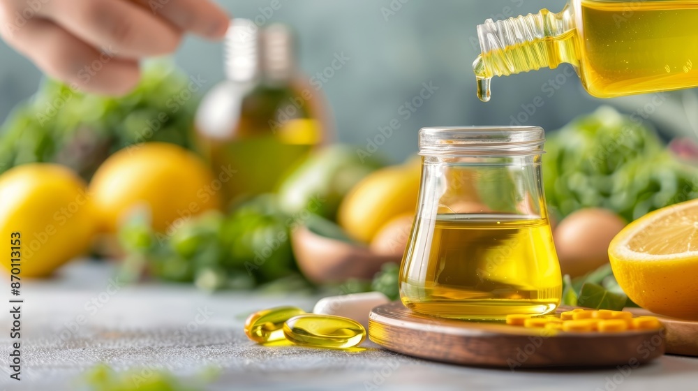 Hand pouring yellow liquid, surrounded by fresh greens, lemon, and health supplements on a bright, blurred background. Hand pouring yellow liquid, surrounded by fresh greens, lemon, and health supplements on a bright, blurred background.