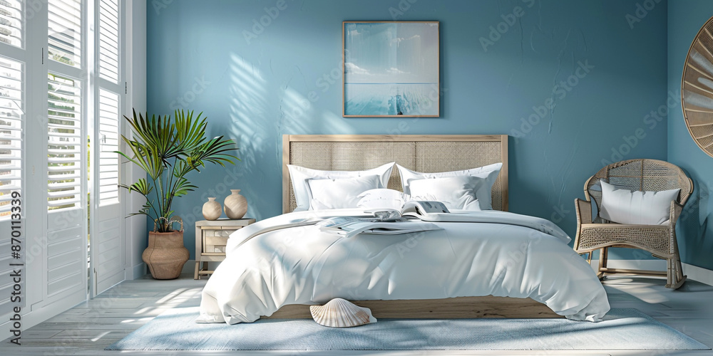 A serene coastal bedroom with light blue walls, white wooden furniture ...