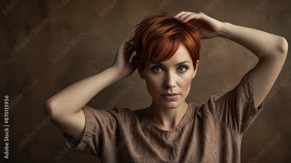 Portrait of a young woman with short red hair looking directly at the camera, posing with hands on head, neutral background. Portrait of a young woman with short red hair looking directly at the camera, posing with hands on head, neutral background.