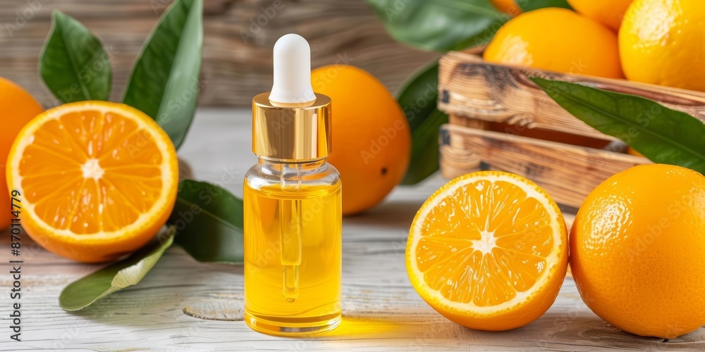 Natural citrus essential oil in a dropper bottle with fresh oranges on wooden background, perfect for skincare or aromatherapy. Natural citrus essential oil in a dropper bottle with fresh oranges on wooden background, perfect for skincare or aromatherapy.