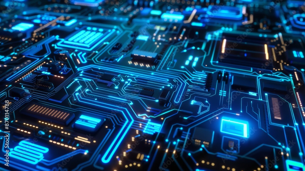 Electric Blue Cyberpunk Circuit Board with Neon Glow - Dark Tech Futuristic Design Electric Blue Cyberpunk Circuit Board with Neon Glow - Dark Tech Futuristic Design