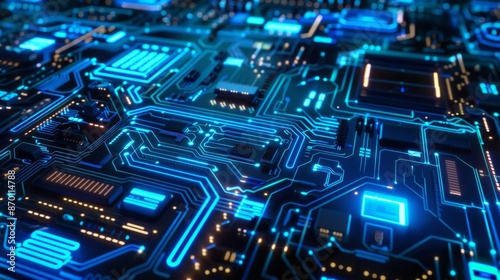 Electric Blue Cyberpunk Circuit Board with Neon Glow - Dark Tech Futuristic Design