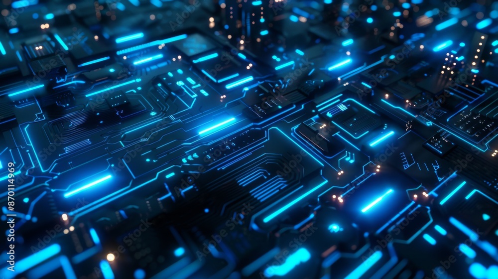 Obraz premium Illuminated Circuit Pathways in a Dark Futuristic Tech Theme with Electric Blue Glow
