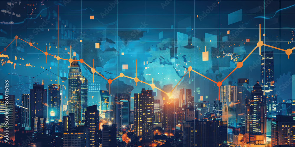 Obraz premium High-Tech Urban Landscape with Digital Financial Charts, Future Economy Visualization