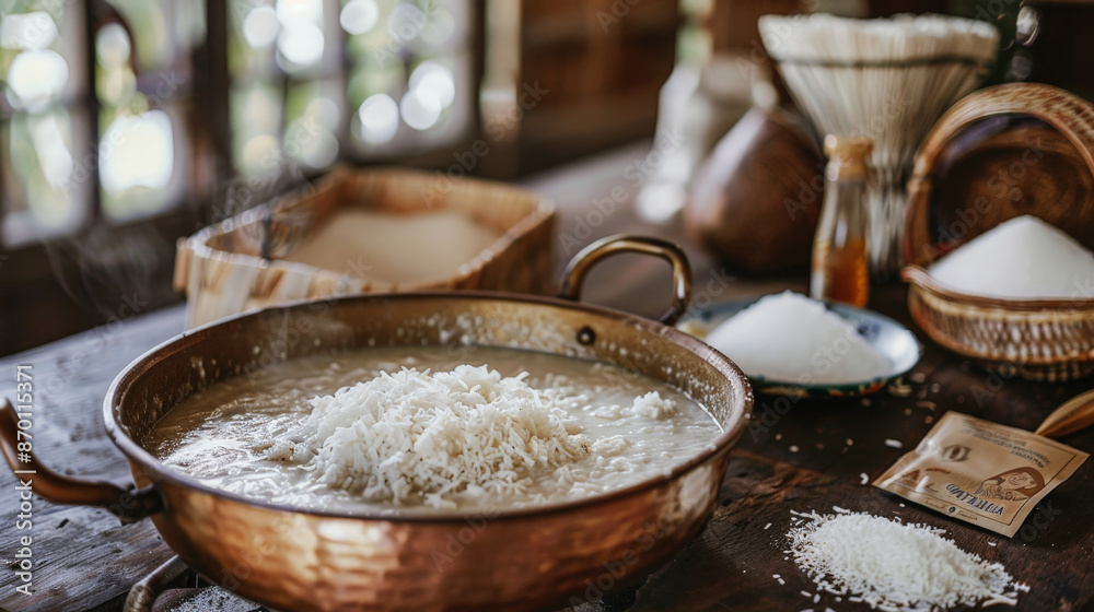Rustic kitchen scene with copper pan on the stove, where white cocada is being prepared