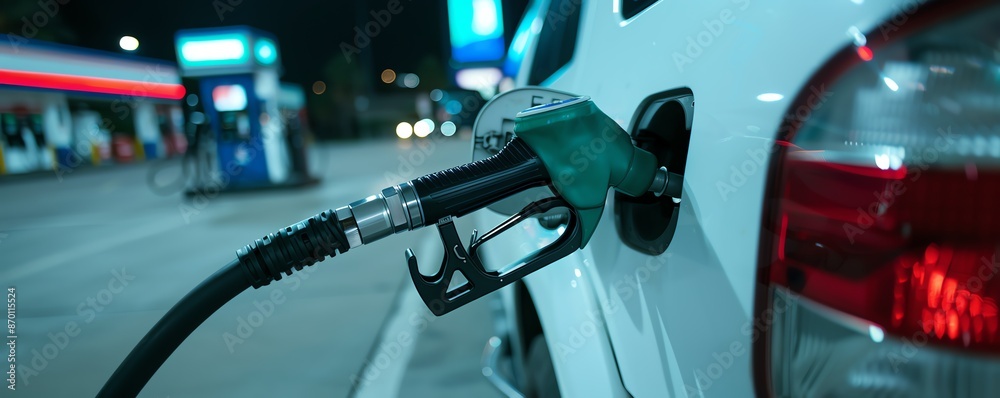 Fototapeta premium Close-up of a car refueling at a gas station at night, with fuel nozzle inserted into the gas tank under bright lights.