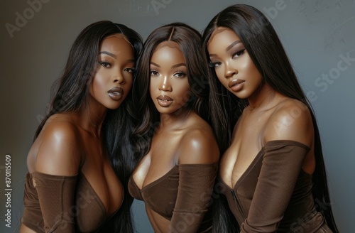 Three Women Posing In Brown Tops Against A Gray Background