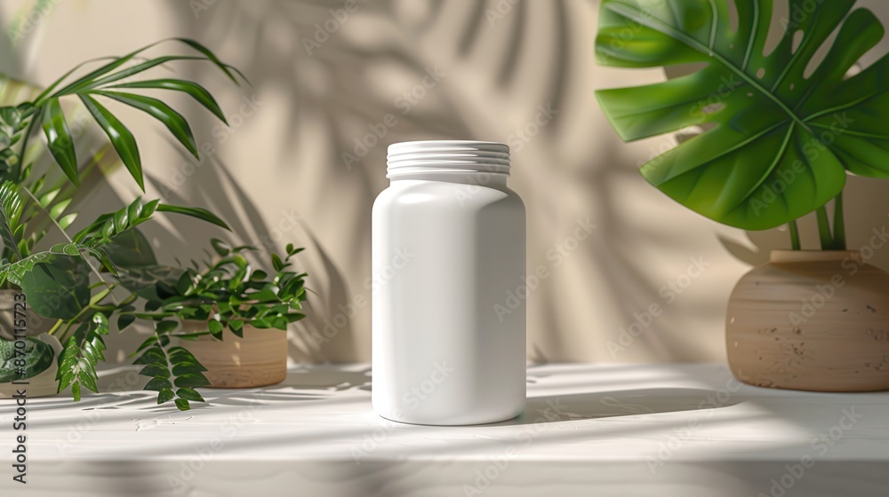Photorealistic mockup of a white opaque pills bottle, single light source, vegetal background, neutral ambience, illustration background Photorealistic mockup of a white opaque pills bottle, single light source, vegetal background, neutral ambience, illustration background